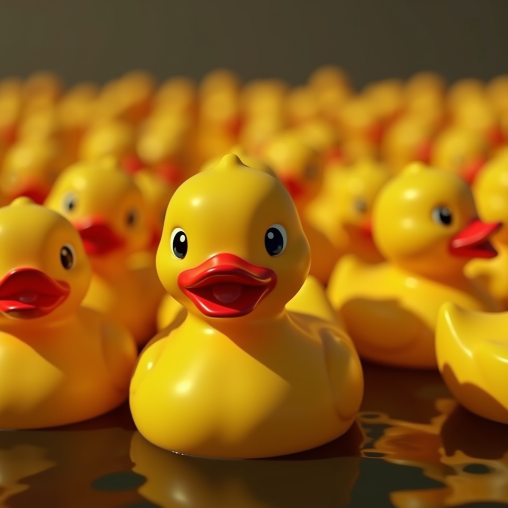 A collection of vibrant yellow rubber ducks with orange beaks, seemingly floating tightly together on a reflective water surface, basking in soft light.