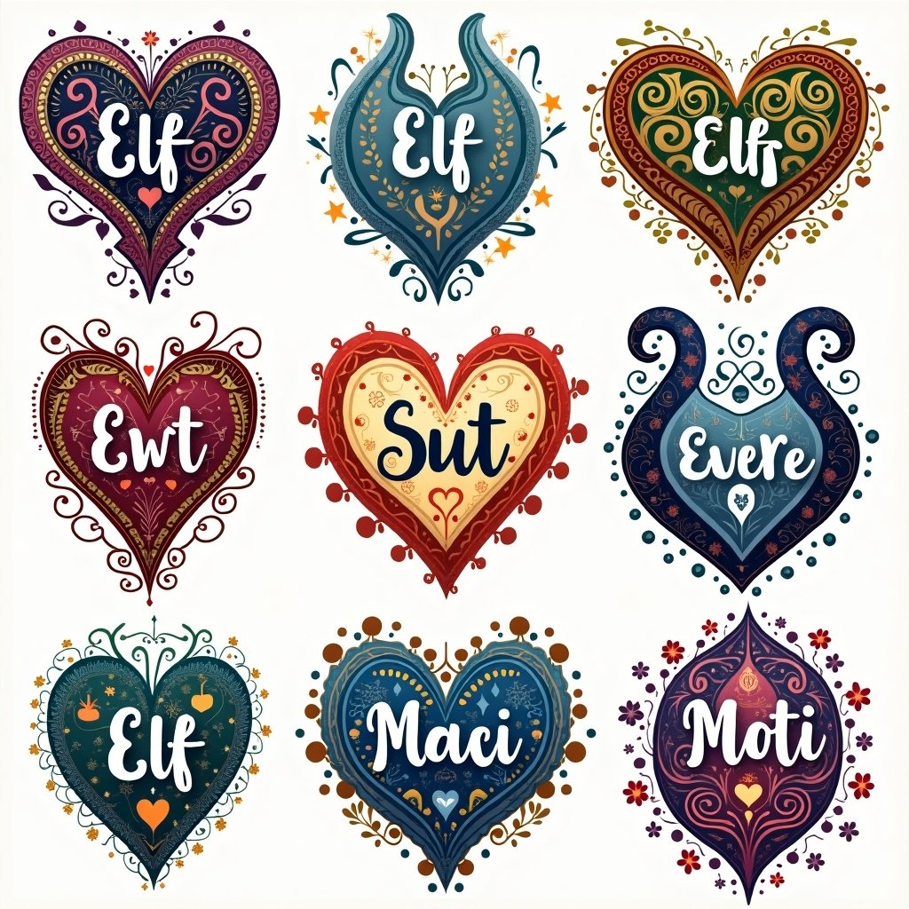 A grid of artistically designed hearts featuring elf names in a paisley style. Each heart is unique with intricate patterns and vibrant colors.