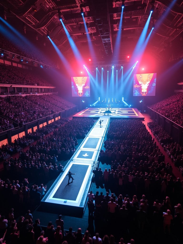 Travis Scott performs at Madison Square Garden. T-shaped runway visible from above. Packed audience. Bright stage lights illuminate the venue. Aerial perspective highlights stage design.