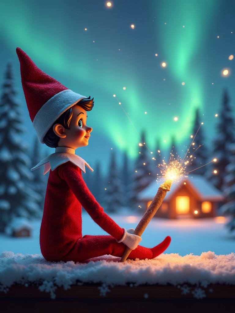 An elf on the shelf sits with its back to the viewer. The elf gazes skyward. A glowing wand is held by the elf. Colorful northern lights illuminate the sky. A cozy house is seen in the distance. Snow covers the ground. The elf embodies Christmas magic. The name ‘Josh, Enzo & Laila’ appears in the air from the wand.