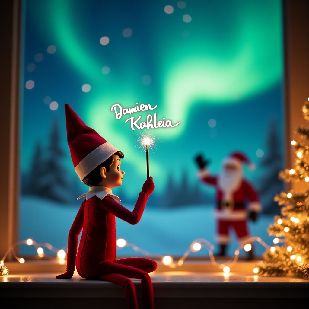 An adorable Elf on the Shelf sits with his back to the viewer, facing a breathtaking nighttime sky adorned with the northern lights. Dressed in traditional holiday attire, he uses a magic wand to elegantly write the names 'Damien' and 'Kahleia' glowing in the air. In the enchanting background, Santa Claus joyfully waves, adding a sense of wonder and joy to the scene. The room is filled with festive elements, including a beautifully lit Christmas tree and twinkling fairy lights, creating an inviting and cheerful atmosphere. This magical moment captures the spirit of Christmas and the joy of family traditions.