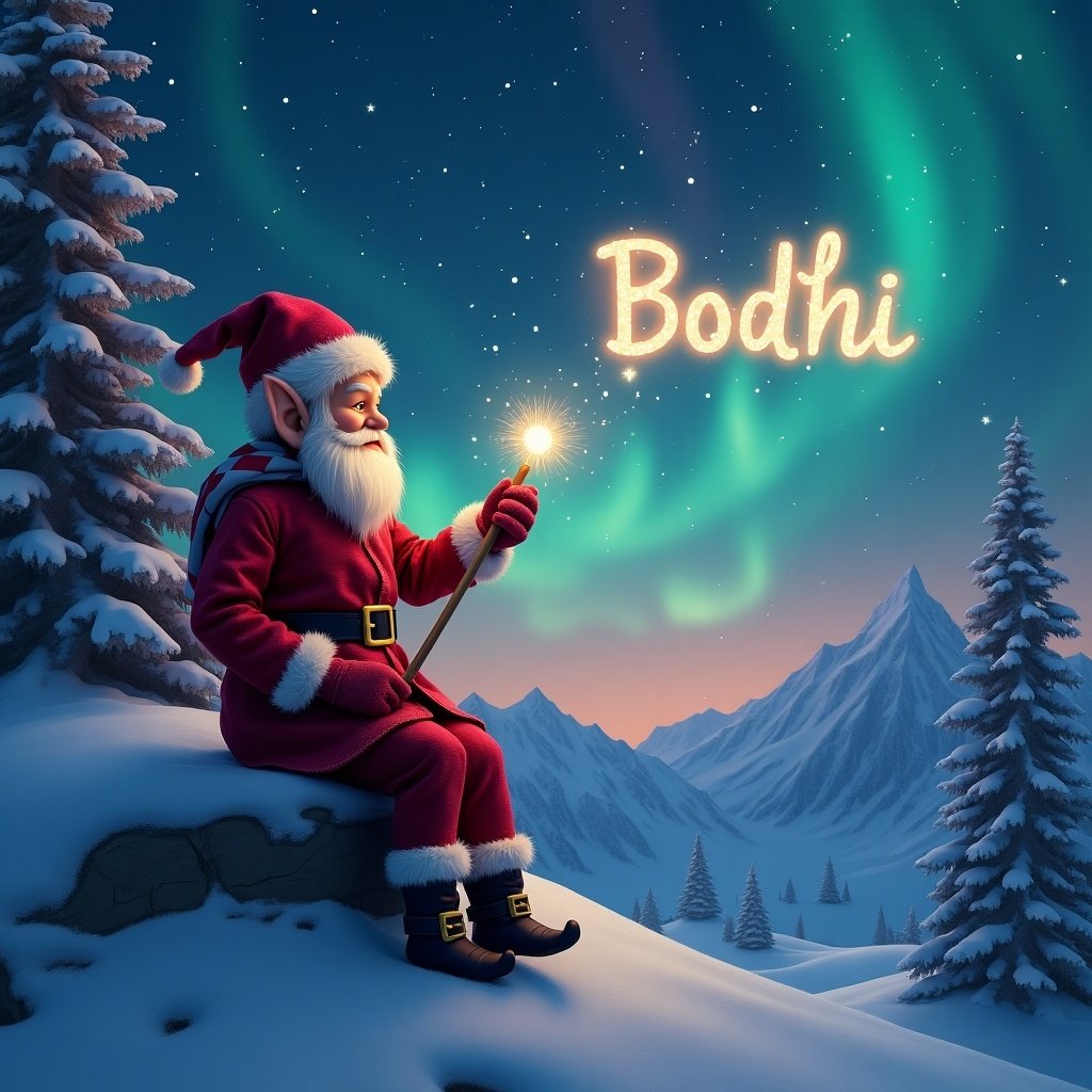 Traditional red elf on the shelf in snowy mountains. Magic wand writing the name Bodhi glowing in night sky. Northern lights of red, cerulean, and purple on the horizon.