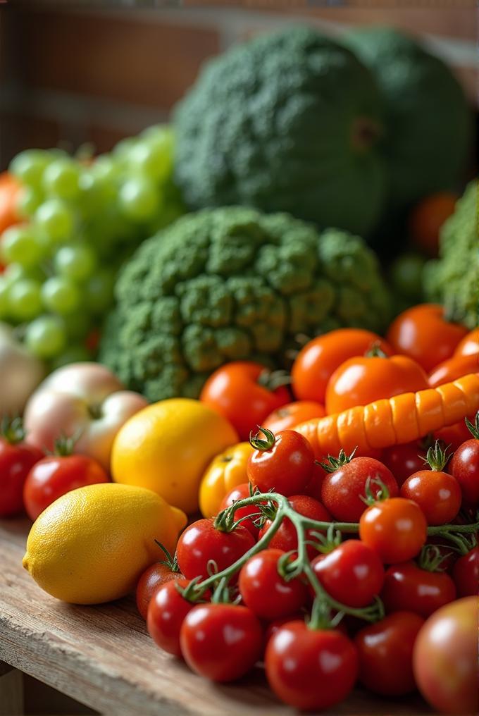 The image shows a variety of colorful fruits and vegetables, including tomatoes, lemons, grapes, and broccoli on a wooden surface.