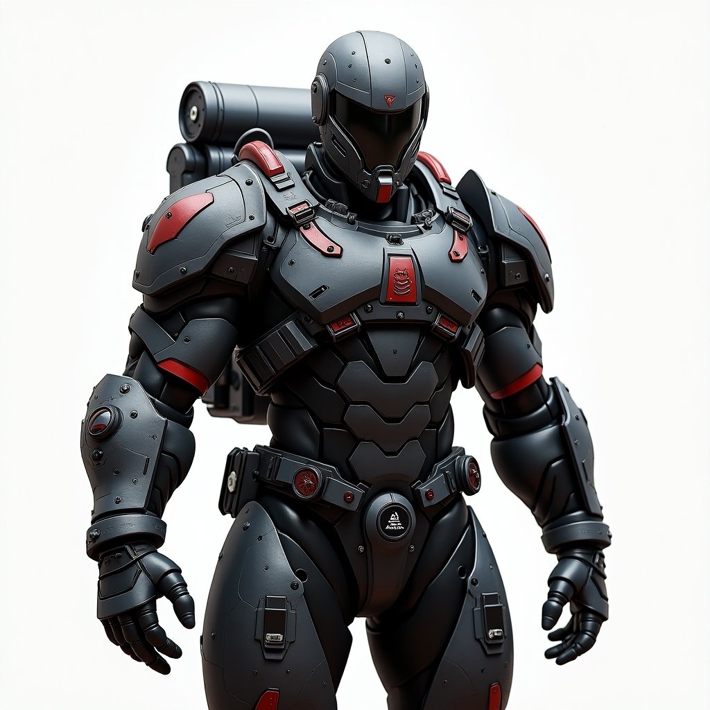 Futuristic soldier with heavy military cybernetic armor designed for combat. Features reinforced metal plates, dark colors, and red accents. Includes advanced mechanical components and a cybernetic eye. Hassupport backpack with tubes. Character looks muscular and combat-ready.