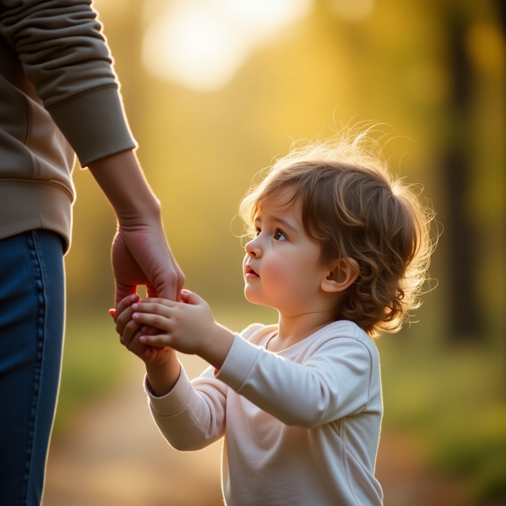 Child holding adult's hand in a natural setting during golden hour. The environment appears warm and inviting. Light illuminates both figures softly. The interaction shows a strong bond and intimacy between them.