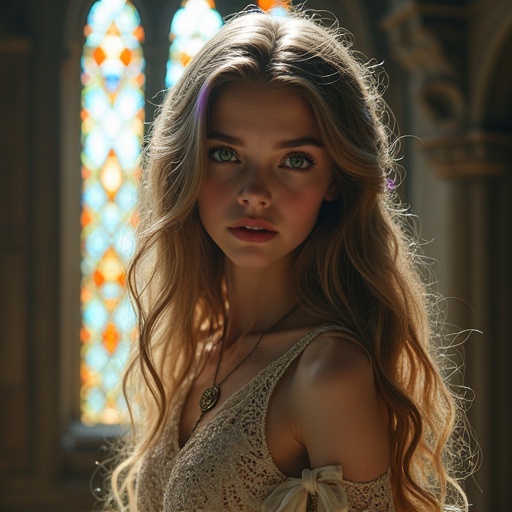 An enchanting girl with long wavy hair stands against stained glass windows in an ancient castle. Her hair shimmers with hues of gold lavender and blue. She wears a sophisticated gown of delicate lace and silk with intricate beadwork. The atmosphere is filled with mystery and elegance. Her green eyes hint at mischief.