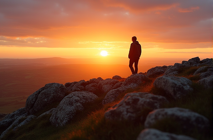 A person stands on rocky terrain, gazing at a vivid sunset over a wide landscape.