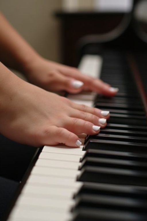 Close-up of a young woman's feet with white toenail polish. Feet positioned over black and white piano keys. No hands visible. Side view with feet facing the piano. Natural lighting softly highlights the scene.