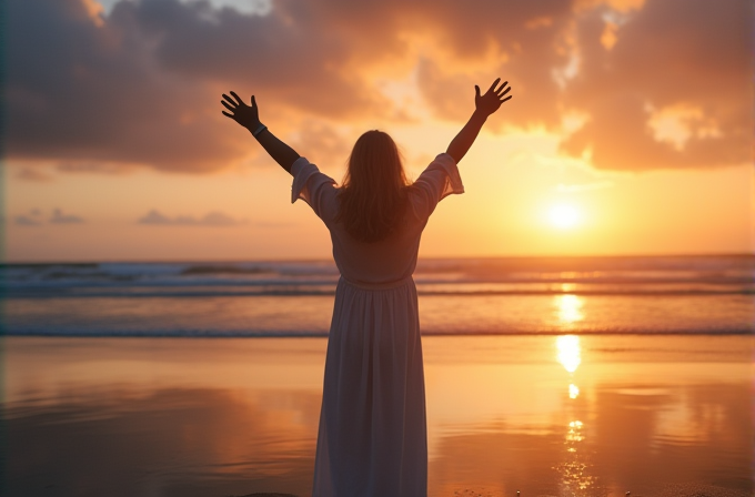 A person in a white dress stands on a beach with arms raised, facing a golden sunset.