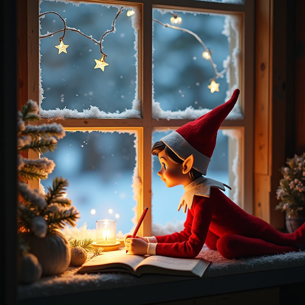 Christmas elf writing a message on the window. Scene set in Lapland with snow outside.