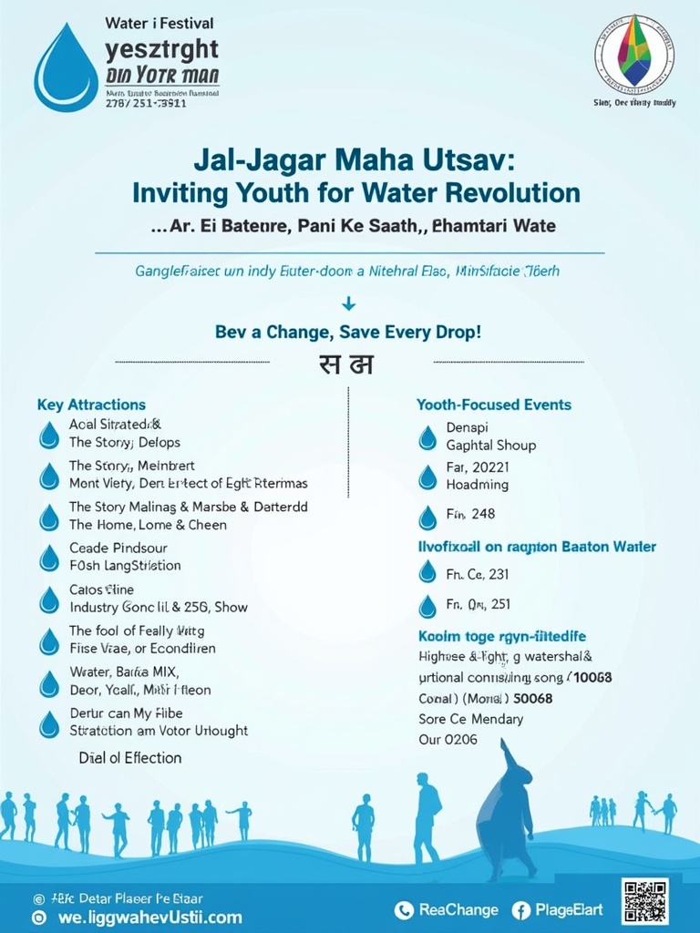 This image is a vibrant poster for the 'Jal-Jagar Maha Utsav', inviting youth to participate in a water revolution. The design uses a mix of English and Hindi, featuring a range of water-related activities and key attractions. A blue color scheme dominates, with water droplets as bullet points, accompanied by stylized silhouettes of people to emphasize community engagement.