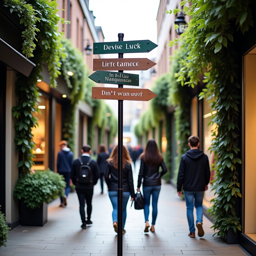 This image features a bustling shopping street with a wood and metal signpost directing to different locations. People are casually strolling past, creating a lively atmosphere. The sidewalk is flanked by lush greenery, enhancing the chic appearance of the location. The sign indicates various names, giving the place a unique charm. The soft daylight illuminates the scene, creating a warm and inviting ambiance. This setting, inspired by modern design trends akin to Thomas Fogarty, captures the essence of leisurely urban exploration in a picturesque shopping environment.