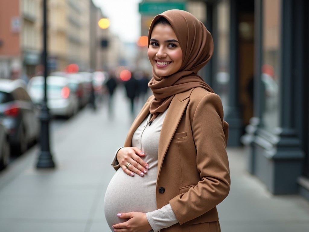 A stylish pregnant woman wearing a brown hijab stands confidently in an urban setting. She has a warm and welcoming smile and is dressed elegantly in a light-colored outfit. The background showcases a bustling city street, enhancing her vibrant presence. This image emphasizes modern maternity fashion and the beauty of diverse representation. The setting highlights both the woman and the urban lifestyle, creating a harmonious blend of fashion and culture.