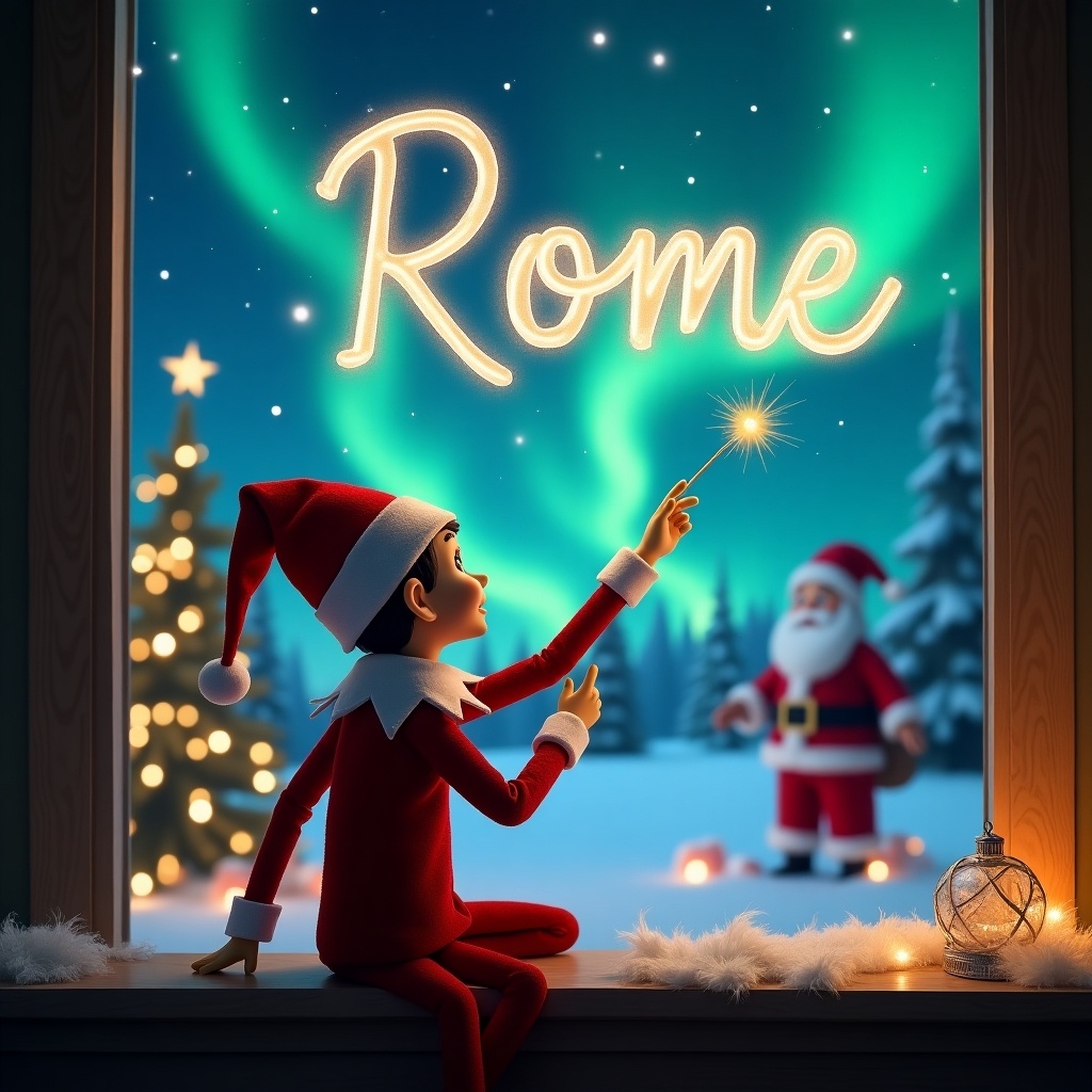 This enchanting image features an elf on the shelf sitting by a window, facing away from the viewer. The elf is using a magic wand to elegantly write 'Rome' in the night sky, surrounded by shimmering northern lights. In the background, Santa Claus can be seen, adding to the festive atmosphere. The scene depicts a cozy Christmas setting with a decorated tree and snow outside. The atmosphere is warm, filled with holiday magic and joy.