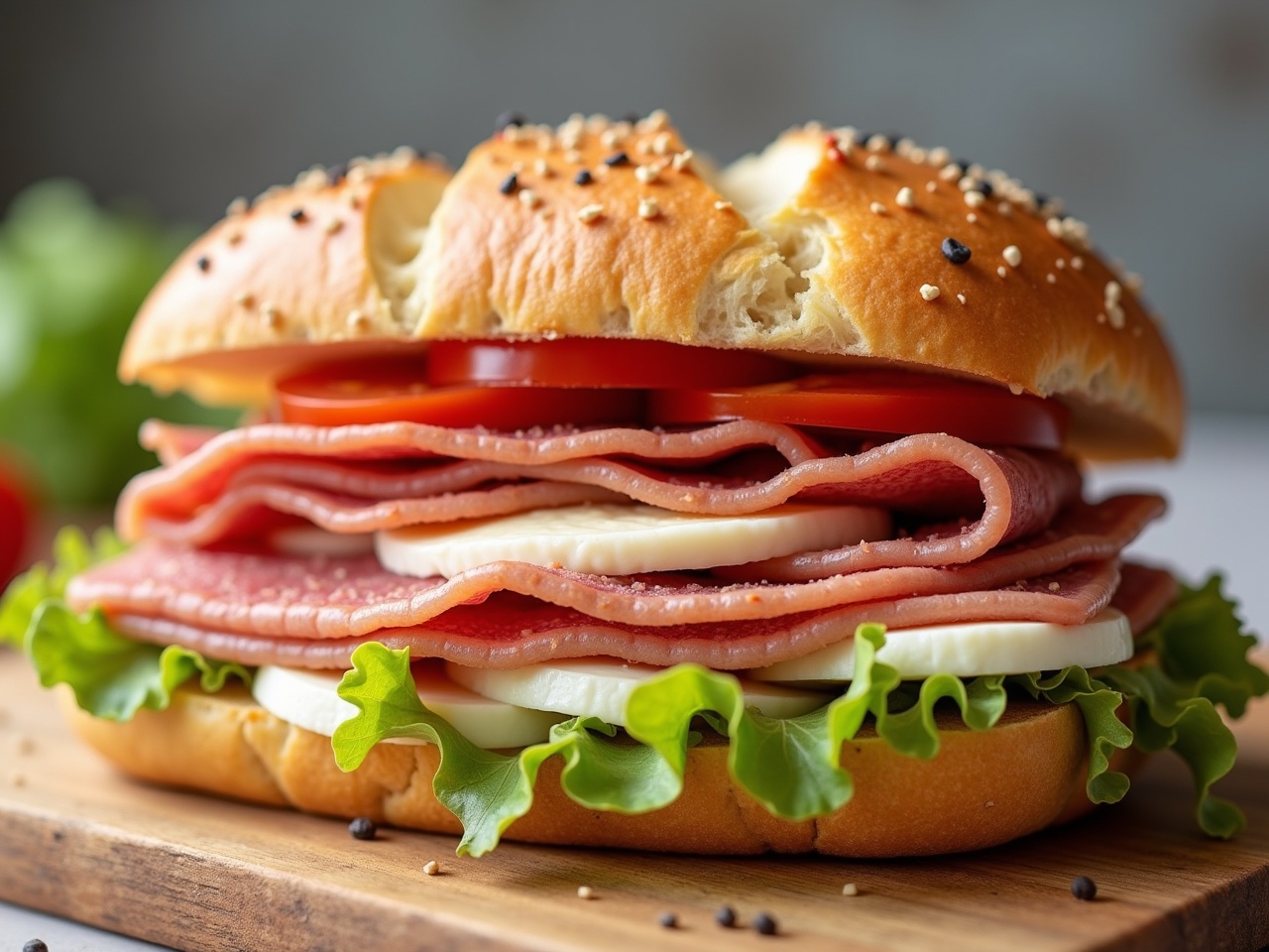 The image features a deliciously stacked baked ciabatta sandwich. It includes layers of pastrami, mozzarella, sliced tomatoes, and fresh iceberg lettuce. The sandwich is generously topped with mayonnaise. The bread is golden brown with sesame seeds on top, adding to its appeal. It's presented on a wooden cutting board, showcasing its fresh ingredients and inviting texture.