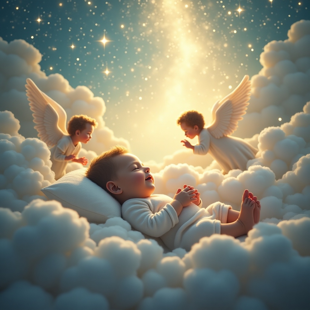 The image portrays a serene scene in a heavenly setting during Christmas. A baby boy named James is peacefully sleeping on a pillow. Surrounding him are soft, fluffy clouds infused with warmth and light. Two angelic figures are gently watching over him, their wings softly illuminated by a heavenly glow. The overall atmosphere is tranquil and evokes feelings of innocence and joy, ideal for representing the spirit of Christmas.