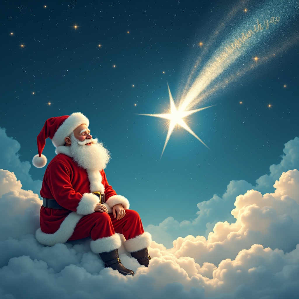 Father Christmas sits on clouds. A shooting star is visible carrying the names Luke and James. A dreamy atmosphere with soft lighting.