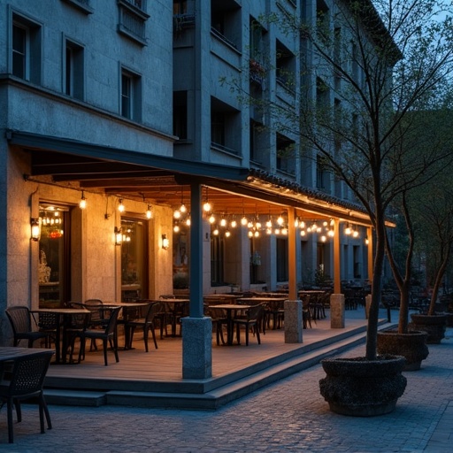 Open-air café at night between apartment blocks with light gray stone facades. Surrounded by a wooden deck and light gray stone pillars. Dark chairs and tables arranged. String lights creating warm light. Dark environment outside covered area. Slightly low-angle shot of covered patio. Subdued cool colors. Calm relaxed atmosphere. Ground level perspective, few people inside.