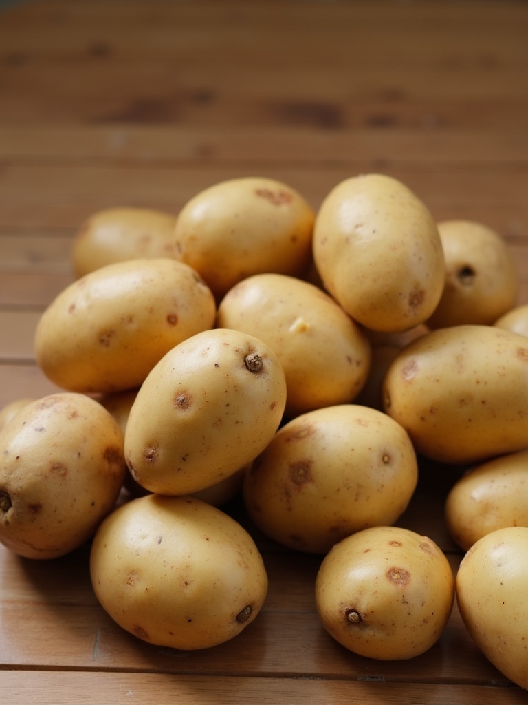 A pile of brown round potatoes placed neatly on a wooden surface. Potatoes showcase their smooth earthy texture under soft lighting.