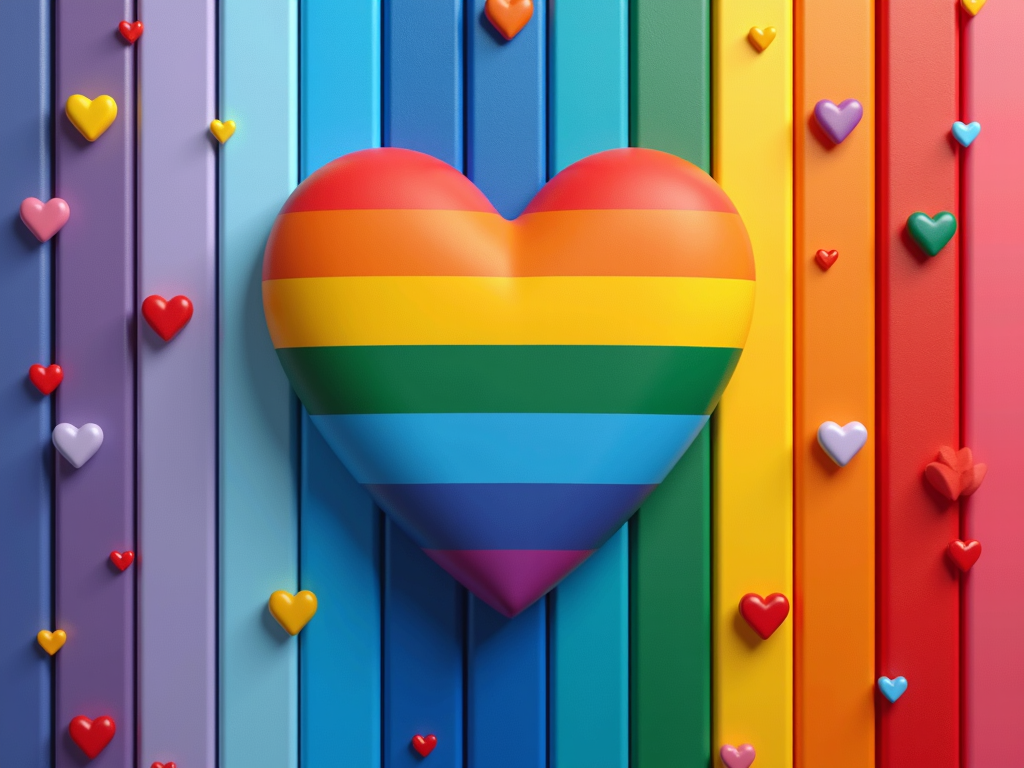 A large heart with rainbow stripes is surrounded by smaller colorful hearts on a vibrant striped background.