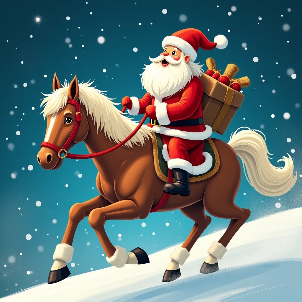 The image depicts Santa Claus riding a sturdy brown horse through a snowy landscape. He is dressed in his classic red suit with white fur trim, and a bag of gifts is attached to the horse. Snow is gently falling around them, creating a joyful holiday atmosphere. The scene captures the festive spirit of Christmas, emphasizing Santa's role in delivering presents. The background features a bright blue sky, enhancing the cheerful winter aesthetic. This illustration resonates with holiday cheer and is perfect for various Christmas-themed applications.