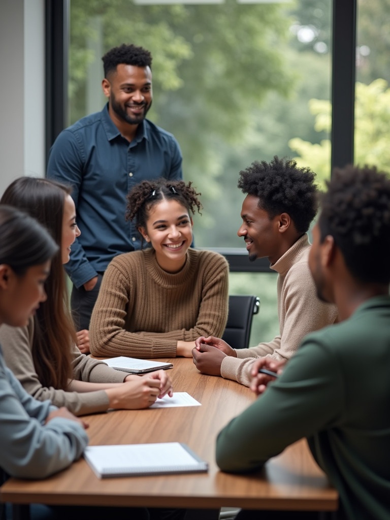 A coaching and mentorship scene showing young professionals engaging in a group discussion. Mixed races and sexes are represented. They are seated around a table in a bright room filled with natural light. Participants appear focused and attentive as they receive guidance from their peers.