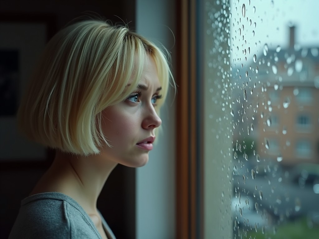 A woman with a blonde bob hairstyle stands by the window on a rainy day. She gazes pensively outside, her face reflecting a sense of sadness. The raindrops on the glass create a blurred backdrop, emphasizing her contemplative mood. Soft, natural light illuminates her features, capturing the emotion of the moment. The scene evokes feelings of introspection and solitude as she looks out into the rain-soaked world.