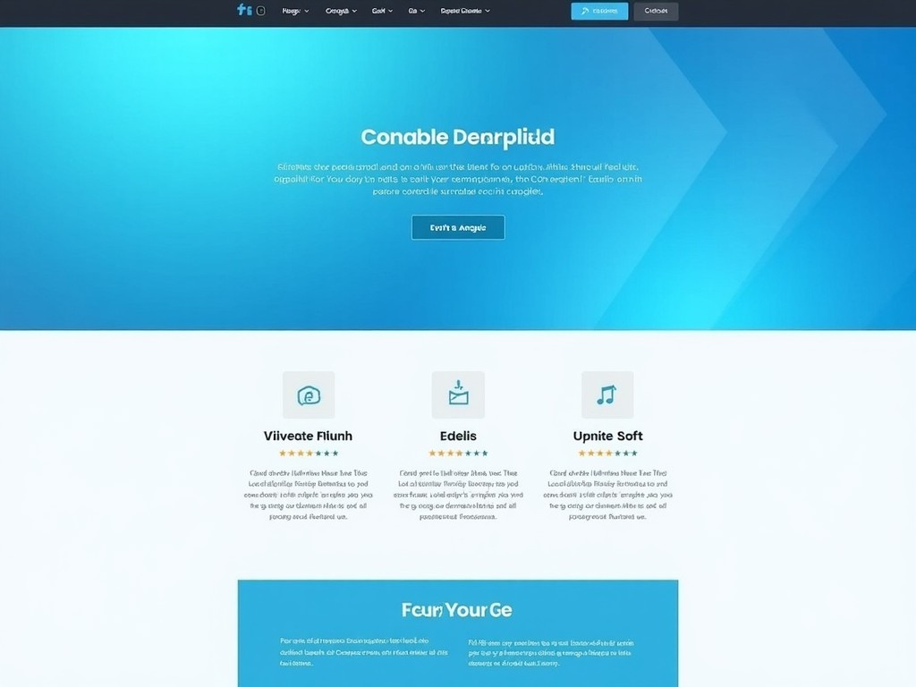 This image depicts a sleek and modern web page layout that utilizes shades of blue. The design features a clean interface with three central feature boxes. Each box contains gibberish placeholder text, commonly used in design mockups. The top of the page includes navigation elements that emphasize user experience. The overall style is minimal and elegant, catering to contemporary design trends.