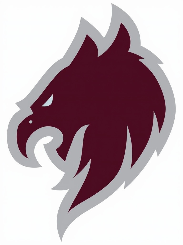 Logo of a falcon designed with sharp angles and sleek lines. Dark maroon background with a silver outline. Falcon in profile shows a sharp beak and feather details. Suggests dynamic qualities like speed and power, likely linked to sports. Reflects team spirit.