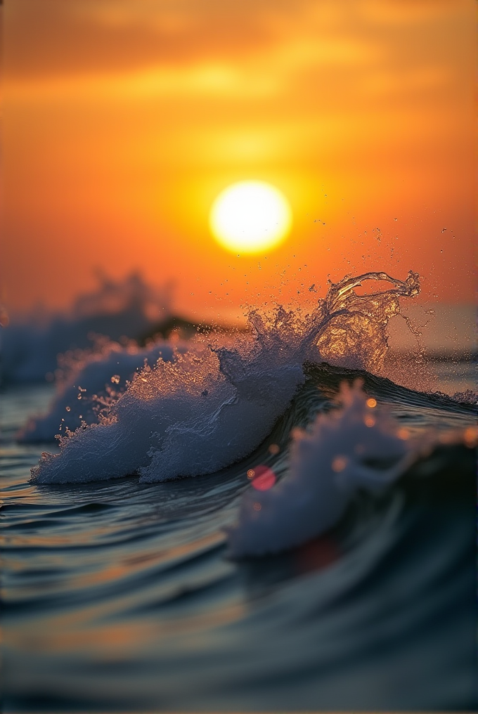 A vibrant sunset casts a warm glow over ocean waves, capturing the moment waves crash and spray water into the air.