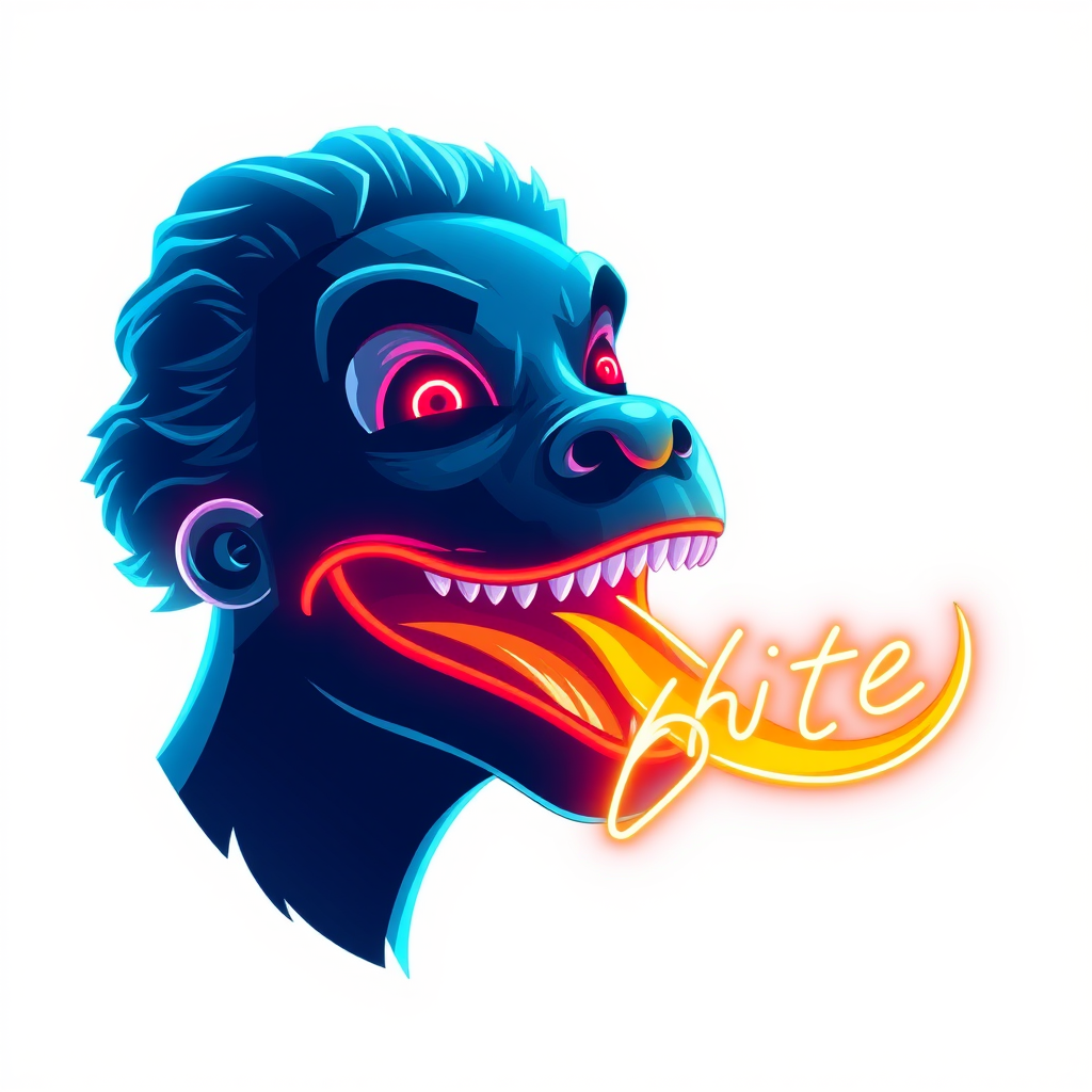 A vibrant, neon-colored creature with glowing eyes and a fiery orange tongue that spells 'bite.'