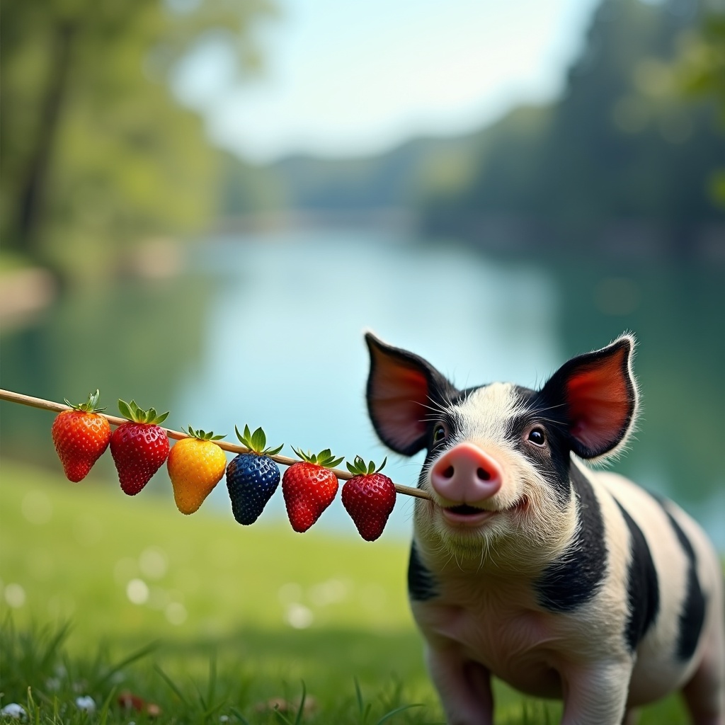 This image features an adorable pig standing on a grassy area beside a serene lake. The pig is playfully holding a wooden skewer with colorful strawberries and blueberries in its mouth. Soft natural lighting enhances the beauty of the scene, adding a light and joyful atmosphere. The background shows a blurred view of trees and water, creating a tranquil setting. The image captures a playful interaction between the animal and food, evoking a sense of whimsy and joy.