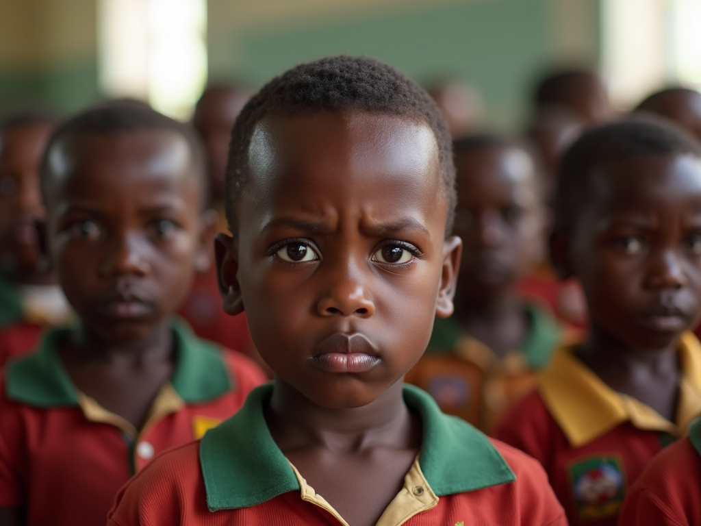 A young child in a school uniform looks intently at the camera, surrounded by other children in a classroom setting.