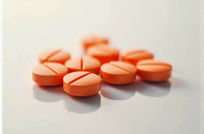 The image shows several orange tablets arranged on a smooth white surface.