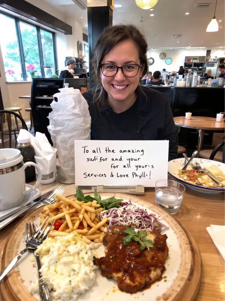 Image of a dining table at a restaurant. Plate with chicken dish, fries, coleslaw. Handwritten thank you note on a piece of paper. Glass of water and additional food on the table.