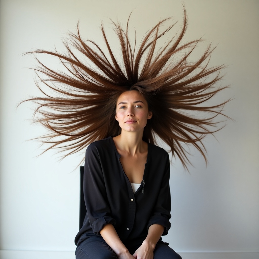 A person sits with hair styled outward in all directions