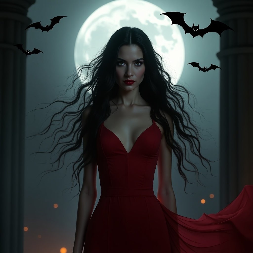 Female vampire in a red dress stands in a misty environment with bats in the background. Silhouette with an ethereal glow and a mysterious atmosphere.