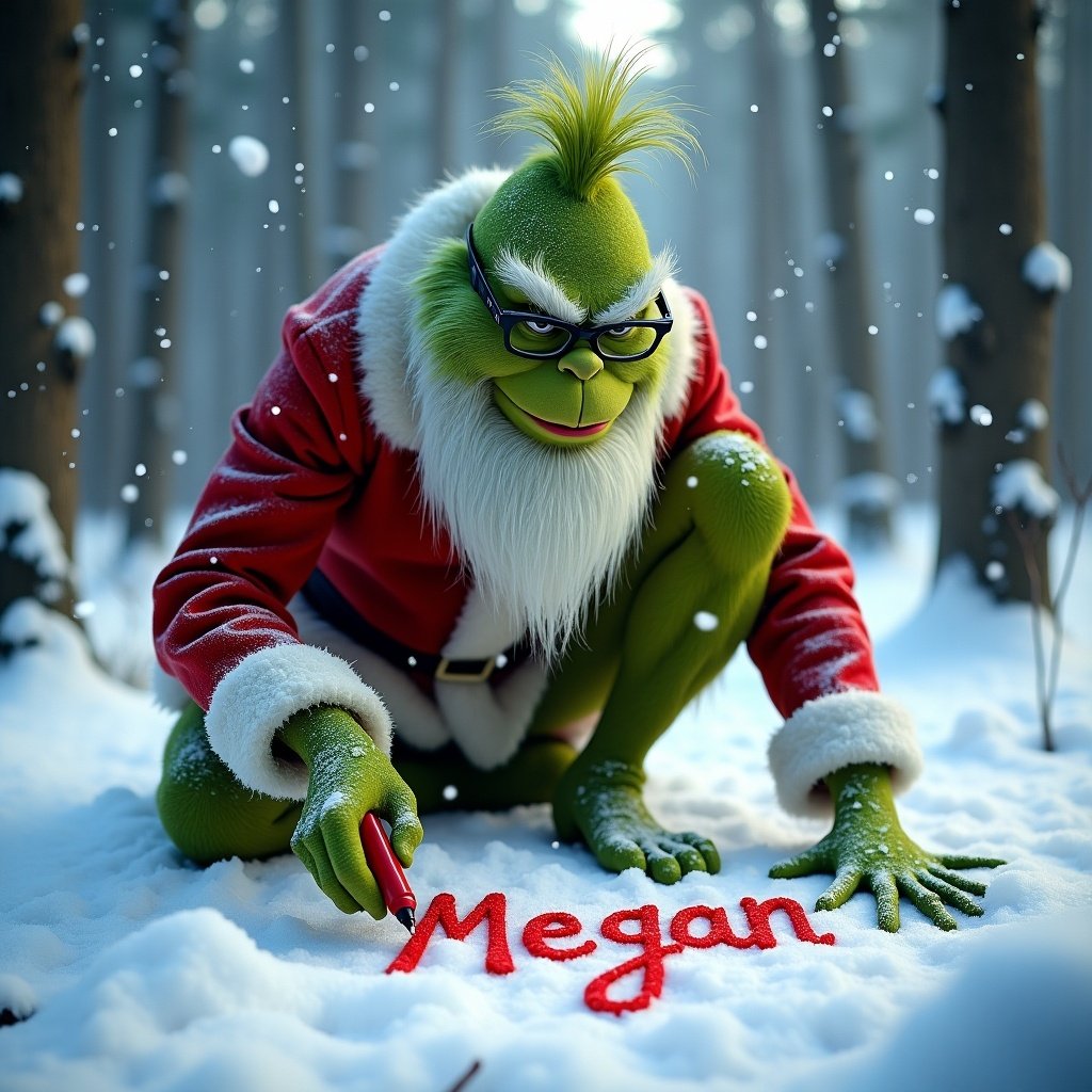 Image features the Grinch kneeling in a snowy forest. Grinch writing name in the snow with a red marker. Snowflakes falling, creating magical atmosphere. Scene captures Christmas essence with a personalized touch. Long white beard and glasses add classic appeal. Heartwarming holiday image.