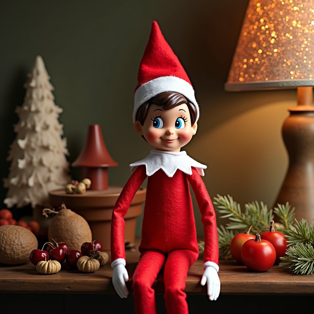 The image features a cheerful elf doll dressed in red, sitting on a wooden table adorned with holiday decorations. A sparkling lamp provides a warm glow, enhancing the cozy atmosphere. Surrounding the elf are festive elements like pine cones, apples, and a small Christmas tree. The elf's expressive eyes and bright outfit evoke a sense of joy and whimsy. This scene captures the essence of Christmas, inviting viewers to embrace the holiday spirit. Perfect for seasonal marketing and family-oriented themes.