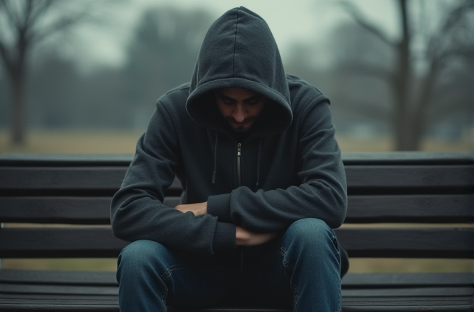 A person in a dark hoodie sits alone on a park bench, head down in contemplation.