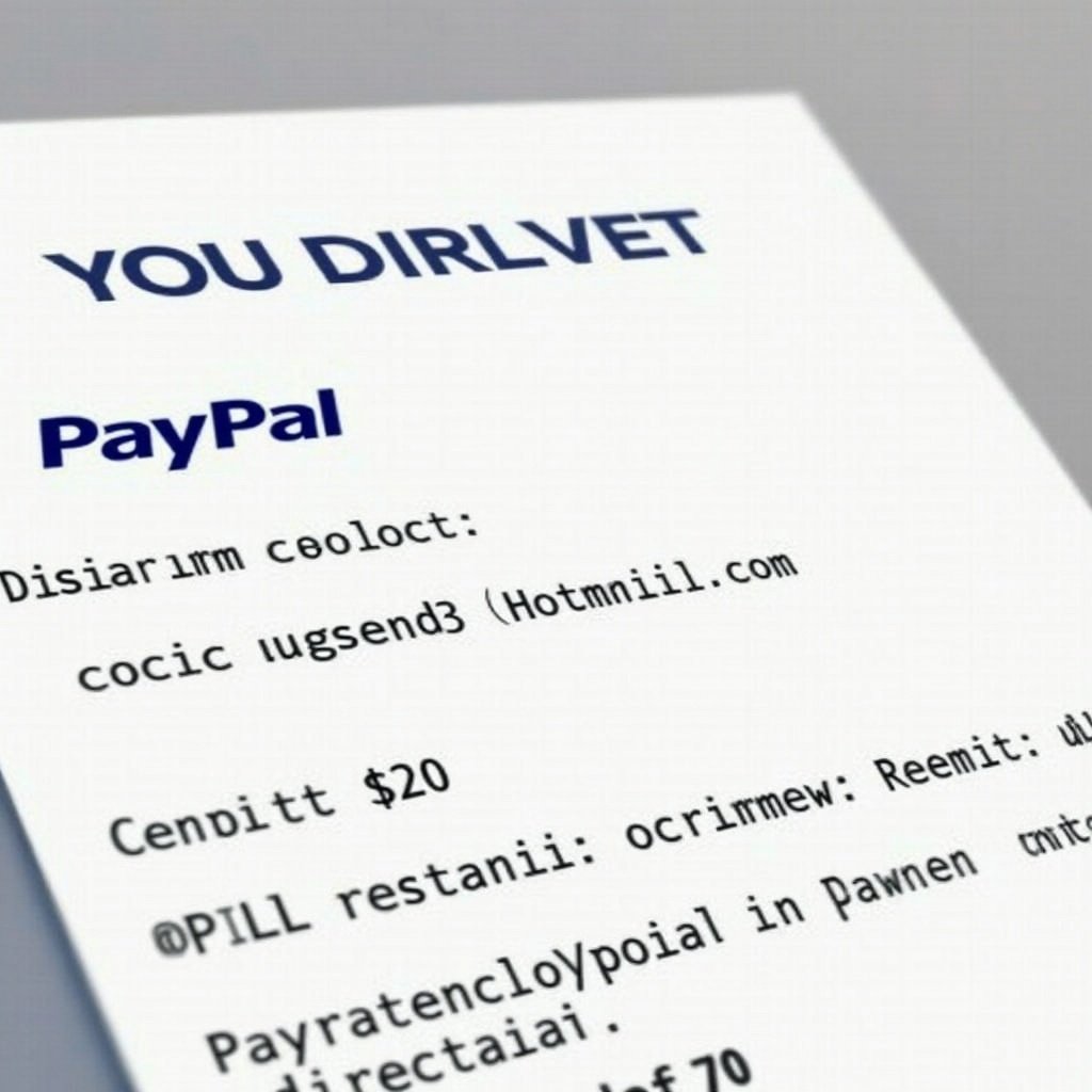 Document shows PayPal proof of payment and payment directed to cociugsendi3@hotmail.com. Receipt has recognizable PayPal design. Layout emphasizes clarity with bold text and simplified background. Completed transaction of $20.