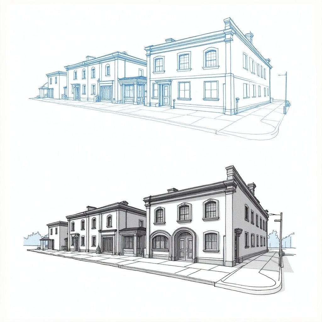 Illustration shows architectural drawings. Top part depicts a preliminary drawing made with blue mechanical pencil showing construction lines. Bottom part features a final drawing on marker paper in black pencil. Buildings detailed with depth in windows and doors. Includes elements like pitched roofs, sidewalks, alleys, and driveways. Final drawing has thick and thin lines for dimension.