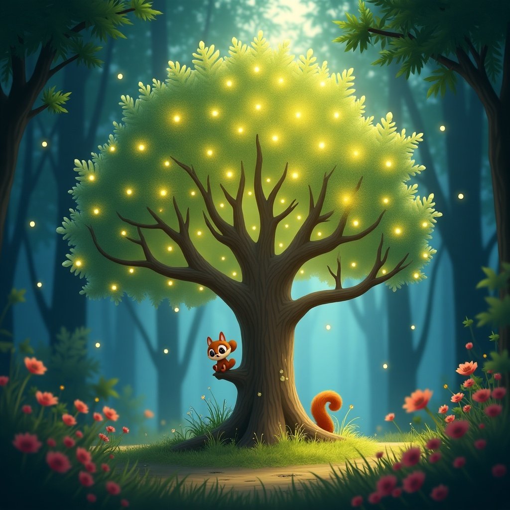 A magical glowing tree in a lush forest. Sparkling leaves radiate soft light. A small squirrel sits on a branch with wide eyes, ready for adventure. Vibrant flowers and glowing fireflies surround the tree. Sunlight breaks through the canopy, creating a whimsical atmosphere.