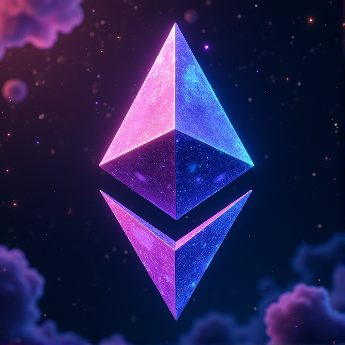 A glowing, transparent, and sparkling double pyramid floats in a cosmic setting with vibrant pinks, purples, and blues against a starry background and ethereal clouds.