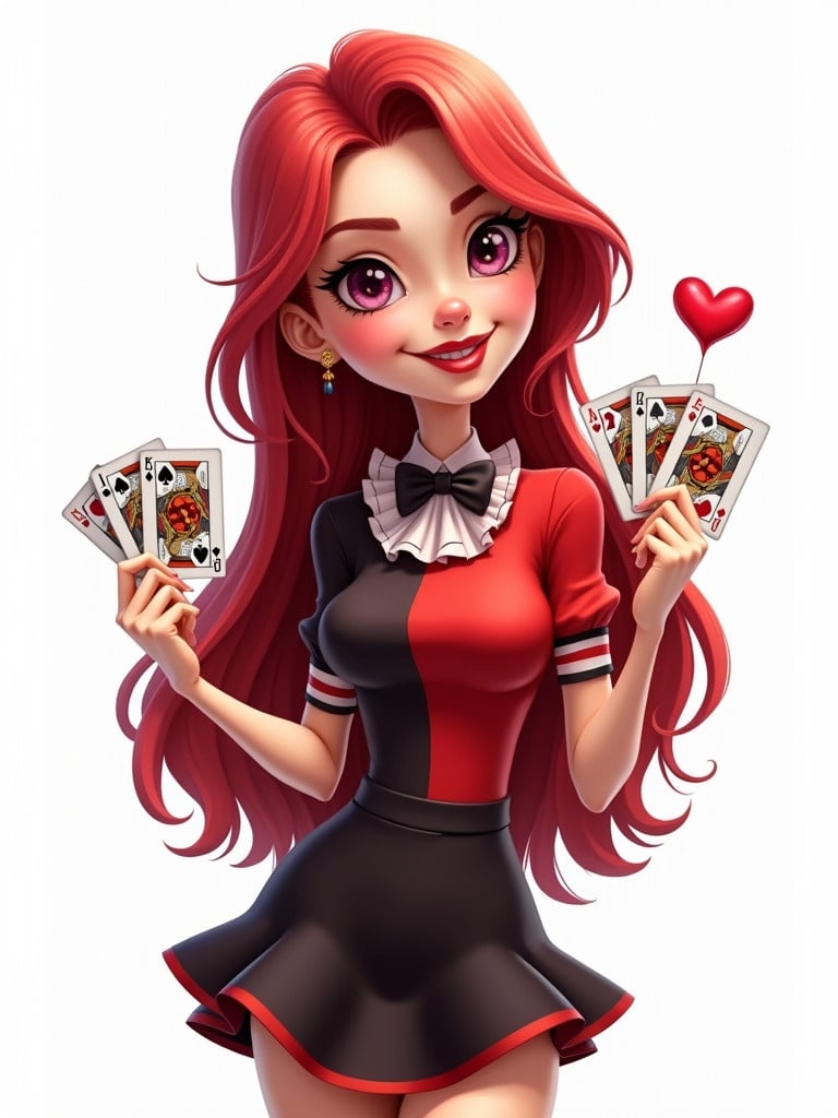 A cartoon-style female character with a playful expression holds playing cards. Hair is long and cherry red. Outfit includes a red and black clown skirt and top. Background is plain white. Illustration is cheerful and lively.