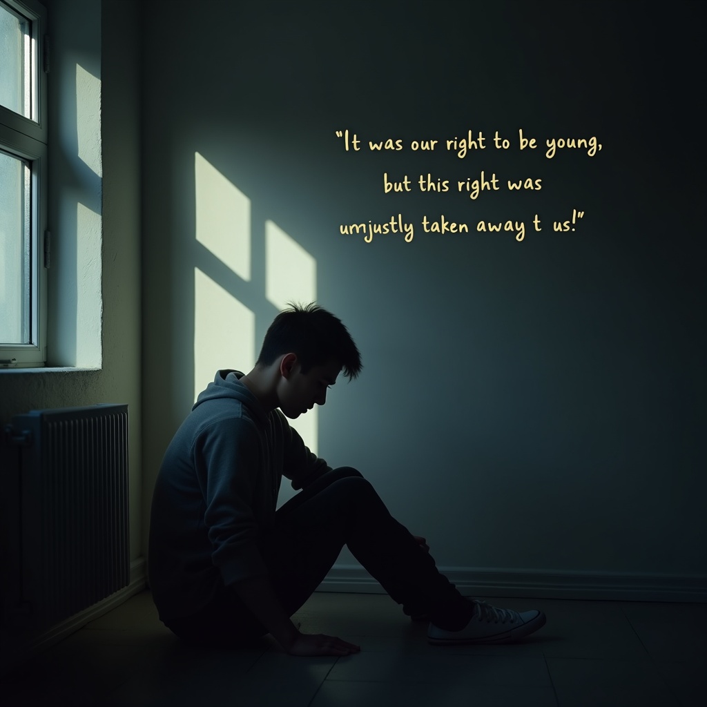 a silhouette of a young person sitting on the floor with head down, dim light coming through a window, with the quote 'It was our right to be young, but this right was unjustly taken away from us!' written on the wall