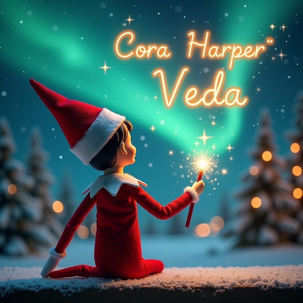 An enchanting Christmas scene featuring an elf on the shelf, who is facing the sky with his back to the viewer. The elf, dressed in festive red and white, holds a magical wand. With this wand, the elf writes 'Cora', 'Harper', and 'Veda' in glowing script above him. The background showcases vibrant northern lights, adding to the magical ambiance. The entire scene is decorated with snow, evoking the spirit of Christmas. The elf's posture and action create a sense of wonder and excitement, encapsulating the joy of the holiday season.