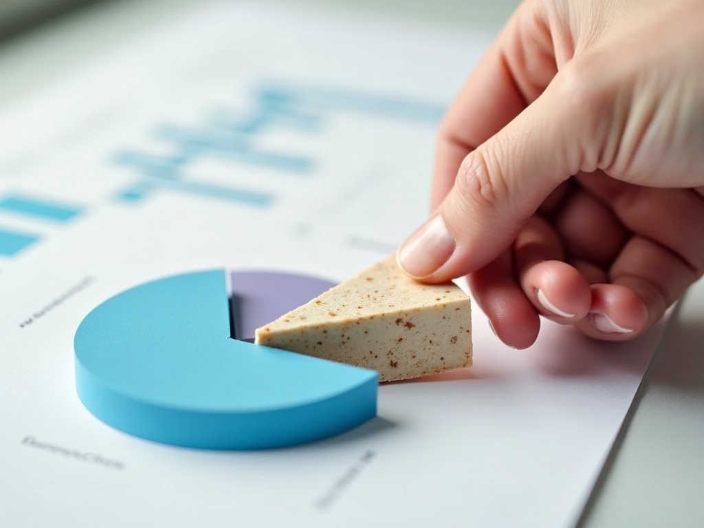 This image features a close-up of a hand reaching for a slice of a pie chart. The pie chart is designed in blue and purple, symbolizing data distribution. The slice being taken is beige, resembling a cake or a dessert for emphasis on growth. This visual conveys a sense of progress and decision-making in business analytics. The image is bright, well-lit, and captures the moment of interaction with the data representation.