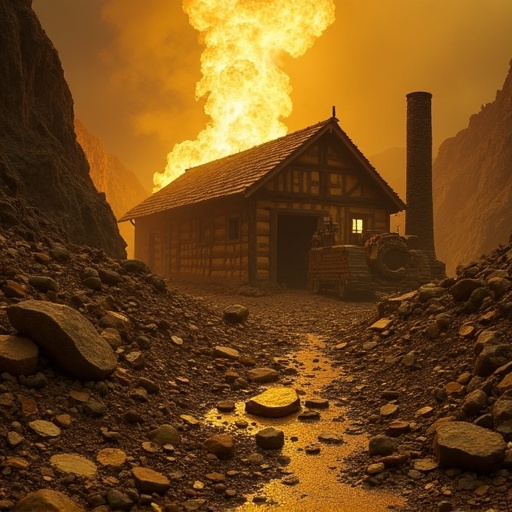 A cabin in a goldmine surrounded by rocky terrain. Flames erupting from the mine. Dark, eerie sky suggests danger. Cabin made of logs. Natural rugged beauty enhanced by fire.