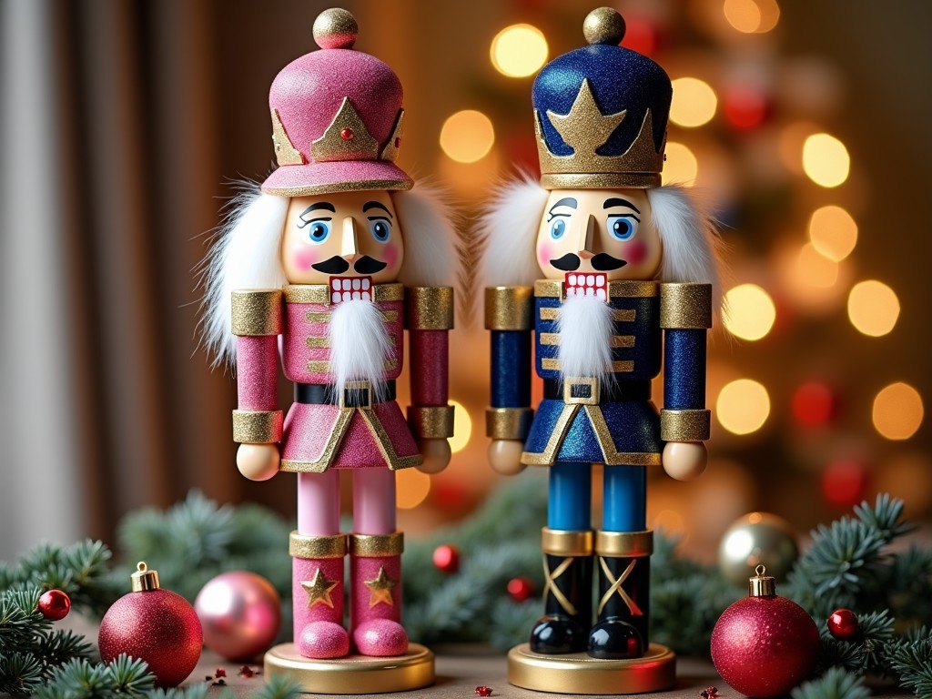 The image features two charming nutcracker figures, one pink and one blue, standing proudly together. The pink nutcracker wears a crown adorned with golden accents, while the blue nutcracker sports a similar decorative style. They have colorful clothing and distinct facial features, complete with mustaches. In the background, there are softly blurred lights creating a festive atmosphere. There are Christmas ornaments scattered nearby, enhancing the holiday spirit. This scene captures the essence of Christmas joy and tradition, inviting warmth and nostalgia for the season.